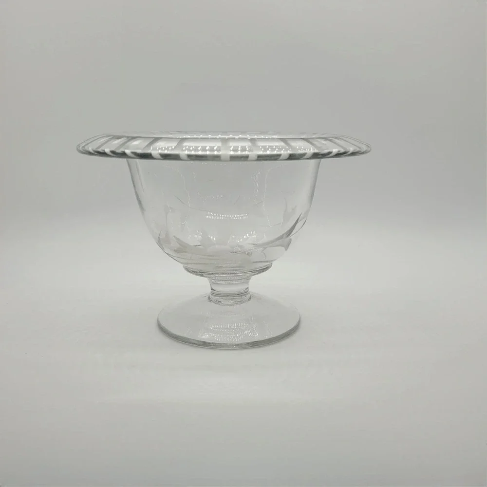 Vintage Etched Glass Footed Bowl Floral Butterfly Frosted Striped Rim Compote‎